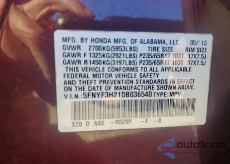 2013 Honda Pilot Lx from USA, damaged, VIN 5FNYF3H21DB036540